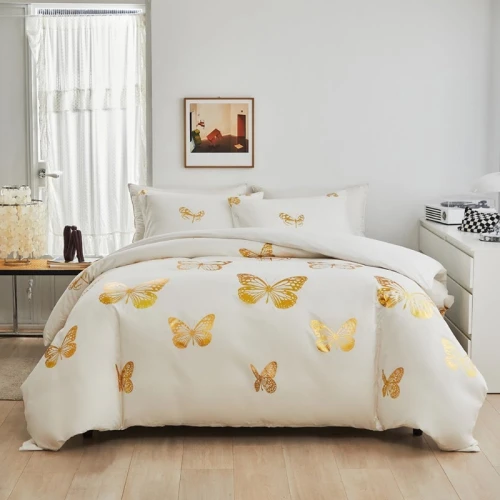 Gold Butterfly Patterned Duvet Cover Set